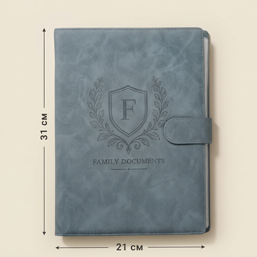 Clear square blue-grey file organizer with measurements