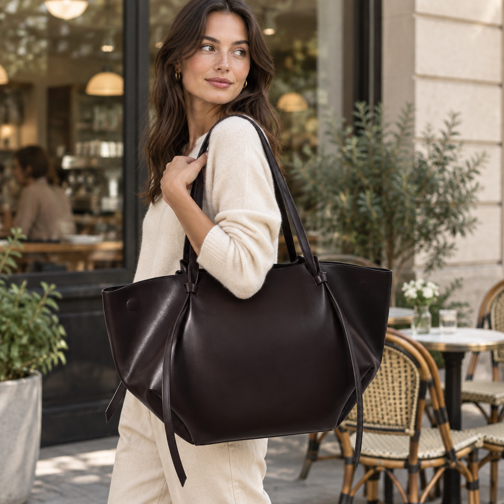 Woman carrying espresso brown tote in a café lifestyle scene