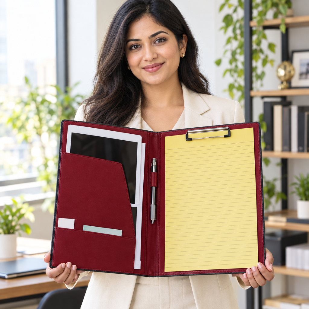 Woman presenting an open leather clipboard folder in an office